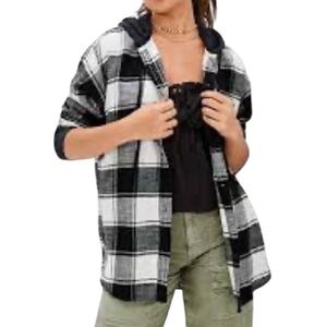 American Eagle Cabincore Plaid Oversized Flannel Hooded Shacket Medium Black NWT